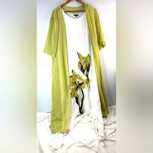 Floryday XXL Flowy Boho Minimalist Set White n Lime Floral Midi Dress w Jacket